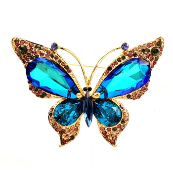 Великолепен цветен кристал, заобиколени от сини кристали, големи брошки-игли с пеперуди за жени, ефектни колекция бижута от насекоми, подарък колекция
