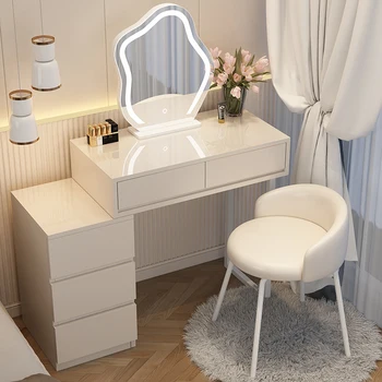 Модерен женски тоалетка, огледало, led светлини, модерен класически масичка за грим, разтегателен стол, удобни мебели за спалня Модерен женски тоалетка, огледало, led светлини, модерен класически масичка за грим, разтегателен стол, удобни мебели за спалня 0