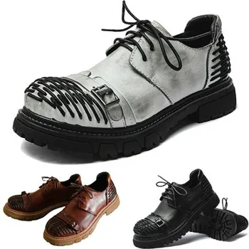 Мъжки кожени обувки-карго от естествена кожа на дебелите ток с шнур в стил пънк, кожени обувки големи размери 38-46