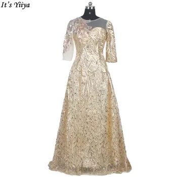 Вечерна рокля It ' s Yiiya, Златни, Блестящи Апликации, Къси Ръкави, Цип, Прави, с дължина до Щиколоток, по-Големи размери, Дамски официални рокли C1784