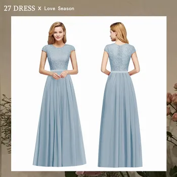 Популярни прашни сини вечерни рокли с къс ръкав, шифоновое дантелено елегантна празнична рокля за абитуриентски бал, рокли за шаферките, тържествен повод