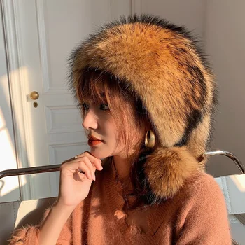Космати властен женски кожа шапка зимна топла мека шапка от лисьего кожа, висококачествена и лесна луксозна кожа капачка за пътуване