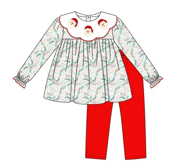 2023 Коледна дрехи за малките момичета, комплекти с бродерия на Дядо Коледа за деца, дантела с зелено дърво, детски съоръжения с цветен модел, червени панталони