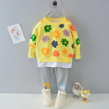 Комплект пуловери с цветен модел, мила есен дрехи за малките момичета, детски пуловер с цветен модел, панталони, комплекти от 2 теми за момичета, дрехи