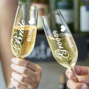 Комплект от 2 персонализирани чаши за булката и младоженеца, сватбена парти, на чаша за шампанско, юбилейна парти, подарък за двойка, на чаша за шампанско