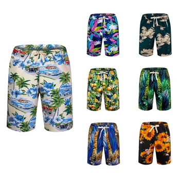 Мъжки къси панталони, летен комплект с къс ръкав, копринени плажни шорти, бански, зелен, син, черен, розов, цвете на кокосовата палма, Бари Уонг