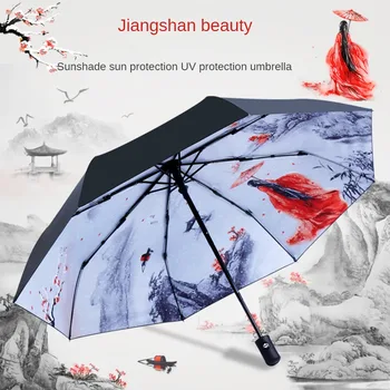 Креативен сгъваем автоматичен чадър от дъжд и слънце с двойна употреба в старинен стил, подаръци за мъже и жени, чадъри за плаж, туризъм
