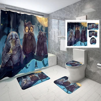 4 бр. комплекти завеса за душ под формата на бухал с капак за тоалетна и нескользящим подложка за баня, комплект за творчество птици, водоустойчив завеса за душ